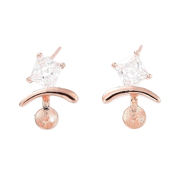 925 Sterling Silver with Cubic Zirconia Stud Earring Findings, with S925 Stamp, for Half Drilled Beads, Rose Gold, 15x11mm, Pin: 11x0.6mm