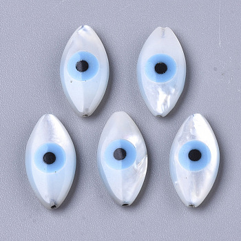 Natural White Shell Mother of Pearl Shell Beads, with Synthetic Turquoise, Horse Evil Eye with Evil Eye, Deep Sky Blue, 14x7x3mm, Hole: 0.5mm