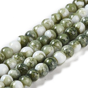 Baking Paint Glass Bead Strands, Round, Olive Drab, 6mm, Hole: 1mm, about 145~147pcs/strand, 32.28~32.68''(82~83cm)