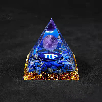 Resin Orgonite Pyramid Home Display Decorations, with Natural Amethyst/Natural Gemstone Chips, Constellation, Virgo, 50x50x50mm