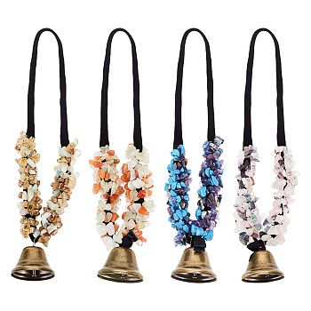 Natural Gemstone Chip Pendant Decoration, Iron Witch Bell and Nylon Elastic Cord Hanging Decoration , 230mm, 4 colors, 1pc/color, 4pcs/set