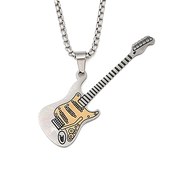 201 Stainless Steel Enamel Guitar Pendant Box Chain Necklaces, Stainless Steel Color, 23.90 inch(60.7cm)