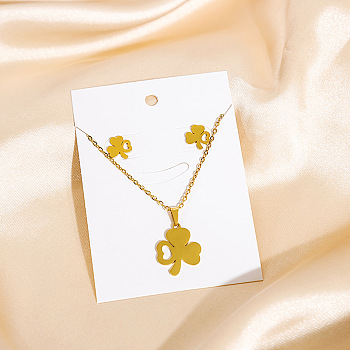 304 Stainless Steel Pendant Necklaces & Stud Earrings Sets, Golden, Clover, 460~500mm