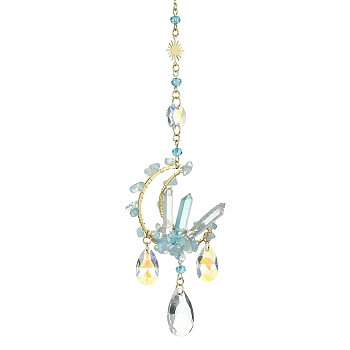 Moon Gemstone Window Hanging Suncatchers, Brass Link & Glass Teardrop Pendants Decorations Ornaments, Golden, 290mm, Hole: 8mm