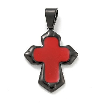 304 Stainless Steel Pendants, with Enamel, Cross Charm, Black, Red, 32.5x24.5x3.5mm, Hole: 7x4.5mm