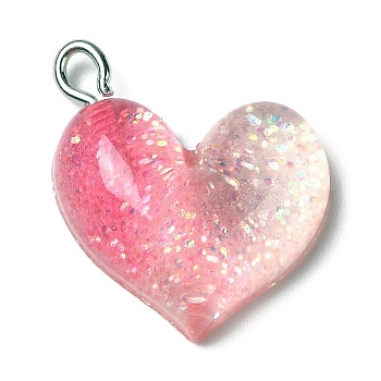 Gradient Color Transparent Resin Pendants, Glitter Heart Charms, with Platinum Plated Iron Loops, Hot Pink, 21x19.5x6mm, Hole: 3x2mm