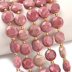 Natural Rhodonite Beads Strands, Faceted Hexagonal Cut, Flat Round, with Seed Beads, 10x5.5mm, Hole: 1mm, about 32pcs/strand, 15.55''(39.5cm)(G-C116-A195-01)