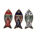 Handmade Indonesia Big Pendants, Fish Charms, with Resin & Unplated Brass & Shell, Mixed Color, 64~65x25x9~10mm, Hole: 3mm(IPDL-N004-03C)