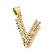 Rack Plating Brass Micro Pave Cubic Zirconia Pendants, Long-Lasting Plated, Lead Free & Cadmium Free,Real 18K Gold Plated, Letter Charms, Letter V, 16.5x13.5x2mm Hole: 5x3mm(KK-L226-100G-V)