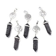 Natural Lava Rock Pointed Big Pendants, Double Terminated Pointed, with Platinum Plated Brass Findings, Faceted, Bullet, 59~67x14~15mm, Hole: 7x5mm, Gemstone: 41~44x8mm(G-D0021-01P-16)