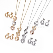 304 Stainless Steel Jewelry Sets, Pendant Necklaces and Stud Earrings, Oval, Mixed Color, 17.9 inch(45.6cm), 1mm, 13x13x2mm, Pin: 0.9mm(SJEW-F204-13)