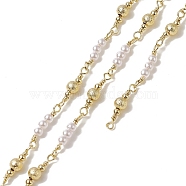 Rack Plating Brass Round Beaded Link Chains, with Plastic Pearl Beaded, Unwelded, with Card Paper, Golden, 17~17.8x3mm(CHC-C026-13)