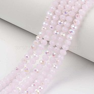 Electroplate Glass Beads Strands, Imitation Jade Beads, Half Plated, Rainbow Plated, Faceted, Rondelle, Pink, 6x5mm, Hole: 1mm, about 83~85pcs/strand, 38~39cm(X-EGLA-A034-J6mm-L05)