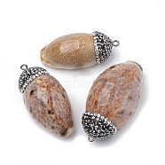 Cowrie Shell Pendants, with Polymer Clay Rhinestones and Iron Findings, Cowrie Shell, Chocolate, 38~48x19~23x14~17mm, Hole: 1.5mm(SSHEL-T003-02)