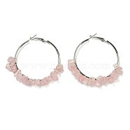 Alloy with Copper Wire Natural Rose Quartz Hoop Earrings, 60~62x10~13mm(EJEW-Q388-01A)