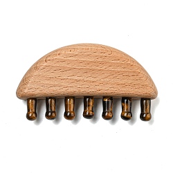 Natural Tiger Eye Scalp Massager, Wood Head Scalp Comb, for Head Stress Relax Massage Tool, Natural Gemstone Scalp Massager, Half Round, 51x99x22mm(AJEW-G058-01B)