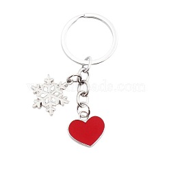 Zinc Alloy Enamel Pendants Keychain, with Alloy Key Rings, Heart and Snowflake, FireBrick, 7.5cm(HEAR-PW0001-151B)