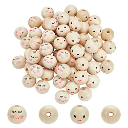 60Pcs 2 Styles Printed Wood European Beads, Large Hole Beads, Round with Smiling Face Pattern, Undyed, Wheat, 19~20x18~18.5mm, Hole: 4.5~5mm, 30pcs/style(WOOD-FG0001-45)
