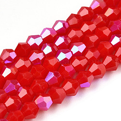 Opaque Solid Color Electroplate Glass Beads Strands, AB Color Plated, Faceted, Bicone, Crimson, 2.9~3.3x2.5mm, Hole: 0.7mm, about 145~150pcs/strand, 16.34~16.54 inch(41.5~42cm)(EGLA-A039-P2mm-L02)