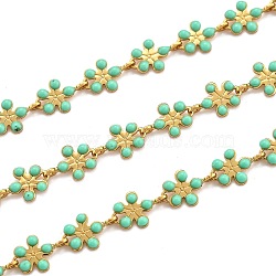 Golden Brass Enamel Link Chain, Long-Lasting Plated, with Spool, Unwelded, Flower, Turquoise, 9x6x1mm, 32.8 Feet(10m)/roll(CHC-H103-08C-G)