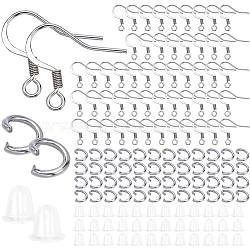 300Pcs 304 Stainless Steel French Earring Hooks, Flat Earring Hooks, Ear Wire, with 300Pcs Jump Rings and 300Pcs Plastic Ear Nuts, Stainless Steel Color, 14x17x2mm, Hole: 2mm, 21 Gauge, Pin: 0.7mm(STAS-SP0001-35)