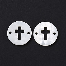 Natural Freshwater Shell Connector Charms, Religion, Flat Round Links, Cross Pattern, 14.5x1.5mm, Hole: 1.5mm(SHEL-H001-09)
