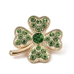 Alloy Glass Rhinestone Clover Brooches, Brass Pin Jewelry, Light Gold, 24x26x8mm(JEWB-K017-05KCG)