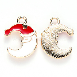 Alloy Enamel Pendants, for Christmas, Moon with Christmas Hat, Light Gold, White, 20x16x2mm, Hole: 2mm(ENAM-S121-008)