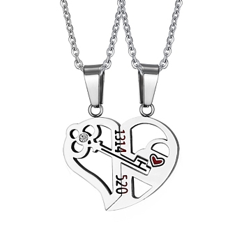 2Pcs 2 Style Word 1314 520 Couple Necklaces Set, 201 Stainless Steel Matching Heart Pendants Necklace for Bestfriends Lovers, Stainless Steel Color, 19.69 inch(50cm), 1Pc/style