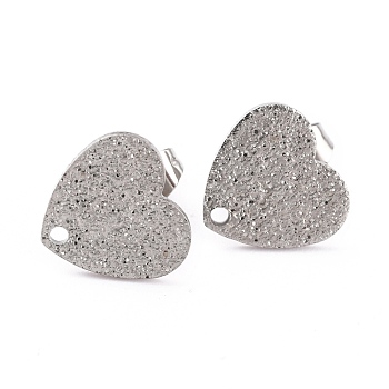 304 Stainless Steel Stud Earring Findings, with Ear Nuts/Earring Backs and Hole, Heart Shape with Textured, Stainless Steel Color, 12x13x1mm, Pin: 0.8mm