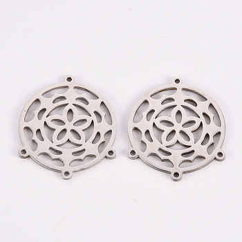 304 Stainless Steel Chandelier Component Links, Laser Cut, Flat Round with Flower, Stainless Steel Color, 23x20x1mm, Hole: 1mm
