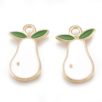 Alloy Pendants, Cadmium Free & Lead Free, with Enamel, Pear, Light Gold, Creamy White, 19x12.5x1mm, Hole: 2mm