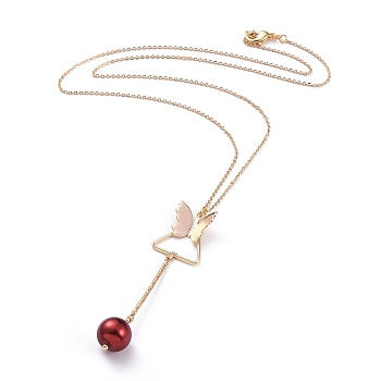 Pendant Necklaces, with Glass Pearl Round Beads, Iron Bar Links, Brass Pendant, Cable Chain and Lobster Claw Clasps, Butterfly, Red, 20.67 inch(52.5cm)