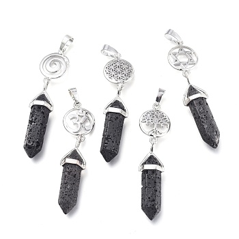 Natural Lava Rock Pointed Big Pendants, Double Terminated Pointed, with Platinum Plated Brass Findings, Faceted, Bullet, 59~67x14~15mm, Hole: 7x5mm, Gemstone: 41~44x8mm