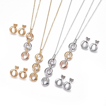 304 Stainless Steel Jewelry Sets, Pendant Necklaces and Stud Earrings, Oval, Mixed Color, 17.9 inch(45.6cm), 1mm, 13x13x2mm, Pin: 0.9mm