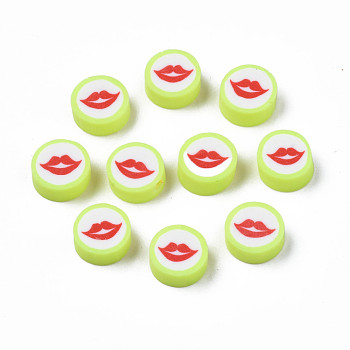 Handmade Polymer Clay Beads, Flat Round with Mouth, Green Yellow, 9.5~10x4~4.5mm, Hole: 1.6mm