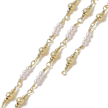 Rack Plating Brass Round Beaded Link Chains, with Plastic Pearl Beaded, Unwelded, with Card Paper, Golden, 17~17.8x3mm
