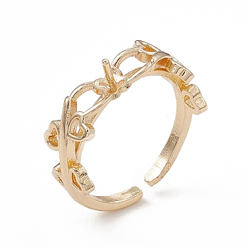 Rack Plating Brass Open Cuff Ring Settings, for Half-drilled Beads, Long-Lasting Plated, Heart Leaf, Real 14K Gold Plated, Inner Diameter: 18mm