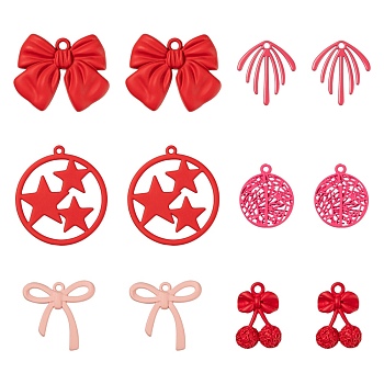24Pcs 6 Style Deep Pink Series Spray Painted Alloy Pendants, Bowknot & Fan & Branch & Flat Round with Star, Mixed Color, 22~34x15.5~32.5x1.5~5mm, Hole: 1.5~2.5mm, 4pcs/style