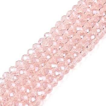 Electroplate Glass Beads Strands, Pearl Luster Plated, Faceted, Rondelle, Pink, 4x3mm, Hole: 0.4mm, about 113~115pcs/strand, 41~41.5cm