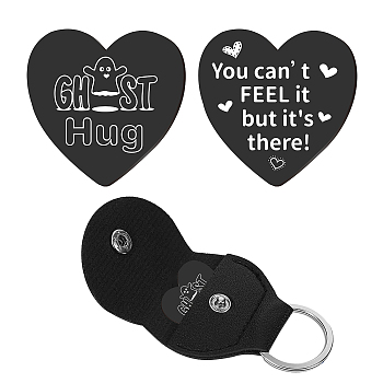 1Pc Heart Shape 201 Stainless Steel Commemorative Decision Maker Coin, Pocket Hug Coin, with 1Pc PU Leather Storage Pouch, Ghost Pattern, Heart: 26x26x2mm, Clip: 105x47x1.3mm