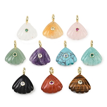 Natural & Synthetic Mixed Gemstone Carved Pendants, Shell Shape Charms with Cubic Zirconia & Brass Findings, Golden, Rack Plating, Mixed Dyed and Undyed, 28x22x8mm, Hole: 4mm