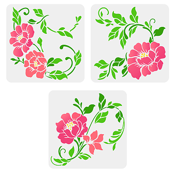 3Pcs 3 Styles PET Hollow Out Drawing Painting Stencils, for DIY Scrapbook, Photo Album, Flower Pattern, 300x300mm, 1pc/style