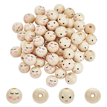 60Pcs 2 Styles Printed Wood European Beads, Large Hole Beads, Round with Smiling Face Pattern, Undyed, Wheat, 19~20x18~18.5mm, Hole: 4.5~5mm, 30pcs/style