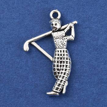 Tibetan Style Alloy Pendants, Human with Golf Clubs, Antique Silver, 31x18x3.5mm, Hole: 1.6mm