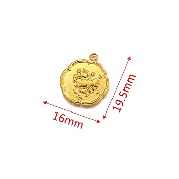Stainless Steel Pendant, Golden, Flat Round with Constellation Charm, Sagittarius, 19.5x16mm