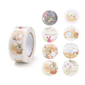 8 Patterns Easter Theme Self Adhesive Paper Sticker Rolls, with Rabbit Pattern, Round Sticker Labels, Gift Tag Stickers, Mixed Color, Easter Theme Pattern, 25x0.1mm, 500pcs/roll