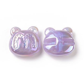 Opaque Acrylic Beads, AB Color Plated, Bear with Letter M Pattern, Medium Purple, 32x32.5x13mm, Hole: 3mm