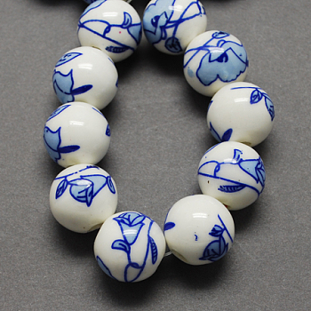 Handmade Printed Porcelain Beads, Round, Cornflower Blue, 10mm, Hole: 3mm