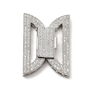 Brass Micro Pave Clear Cubic Zirconia Fold Over Clasps, Cadmium Free & Lead Free, Bowknot, Platinum, 35.5x22.5x4.5mm